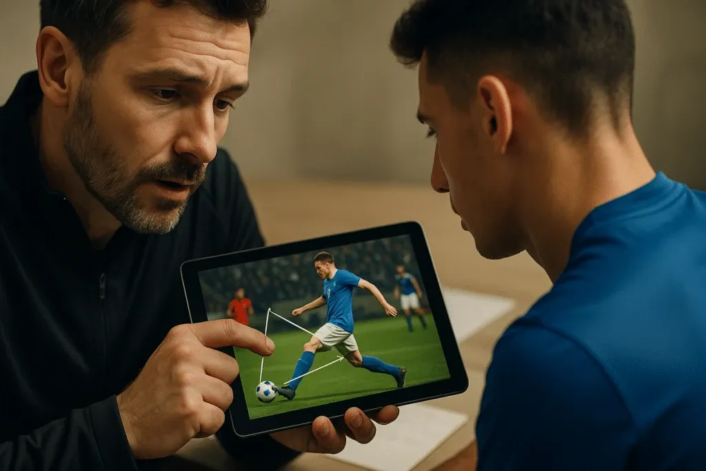 Trener igraču pokazuje scenu na tabletu
