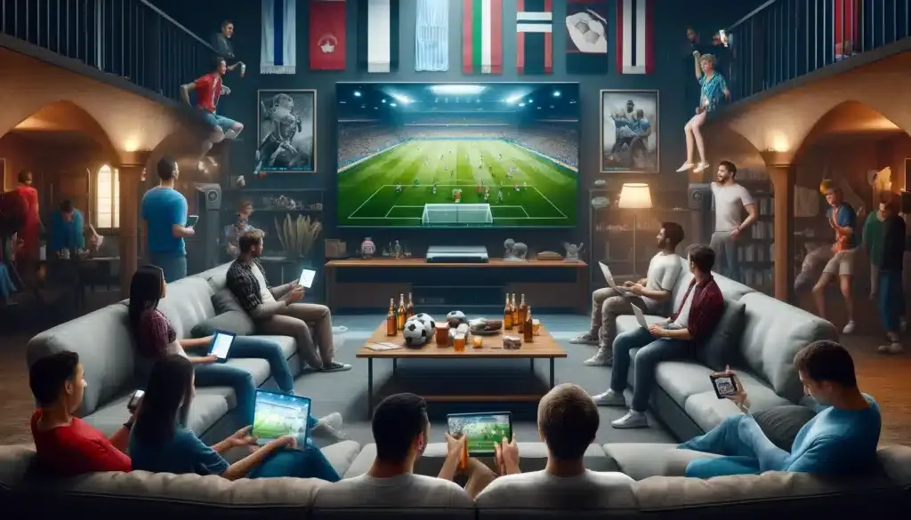 Fans verfolgen ein Fußballspiel live auf verschiedenen Geräten