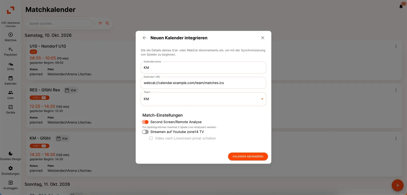 Formular „Neuen Kalender integrieren“ mit Kalendername, Kalender-URL und ausgewähltem Team