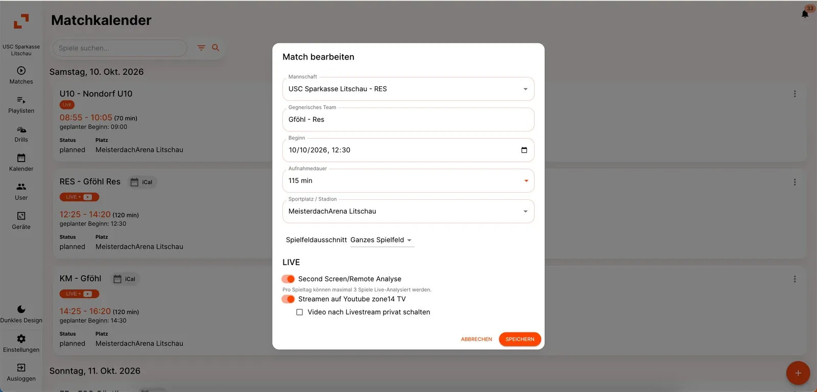 Match-Einstellungen des Kalenders mit den Schaltern für Remote Analyse, YouTube-Livestream und privates Video