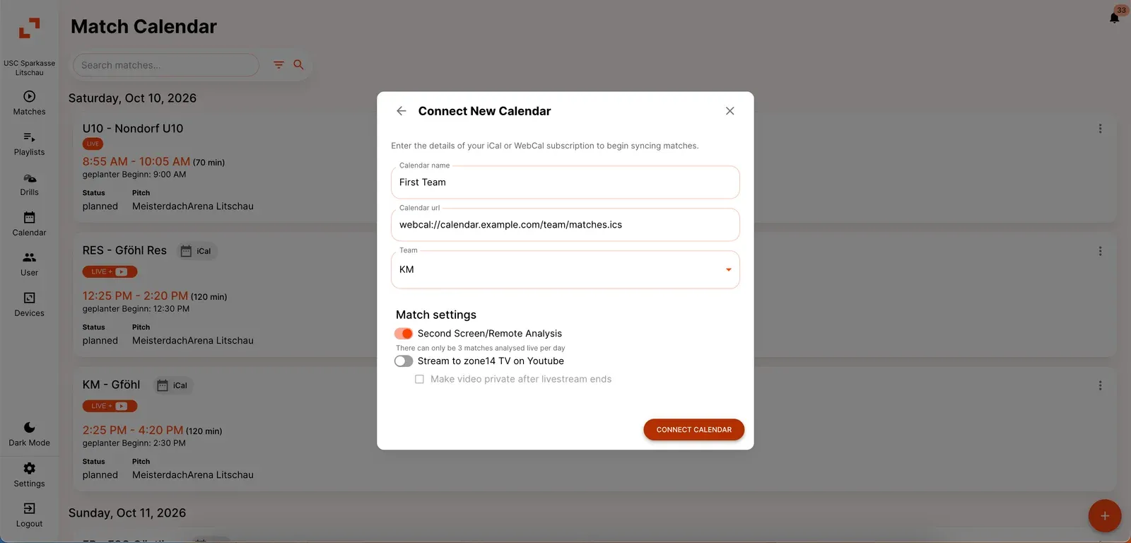The New Calendar Integration form with calendar name, calendar URL and team filled in