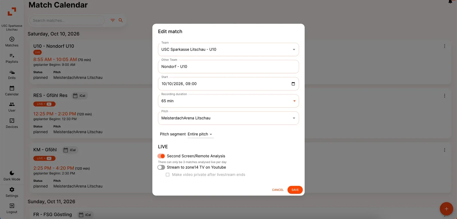 The calendar’s match settings with toggles for remote analysis, YouTube livestream and private video