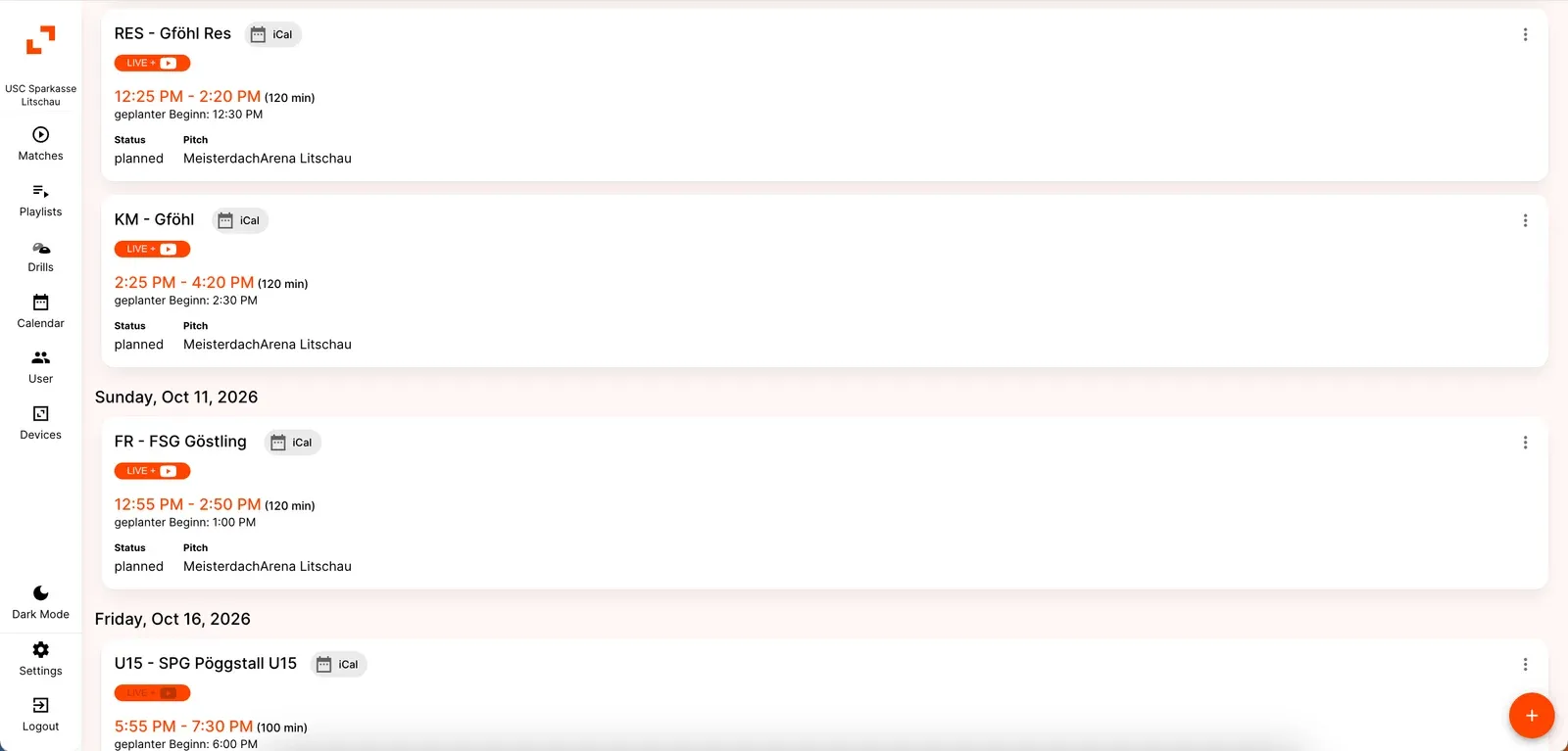 Imported matches in the REPLAY Match Calendar, each marked with an iCal tag