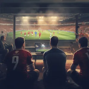 People watching a live stream of a football match.