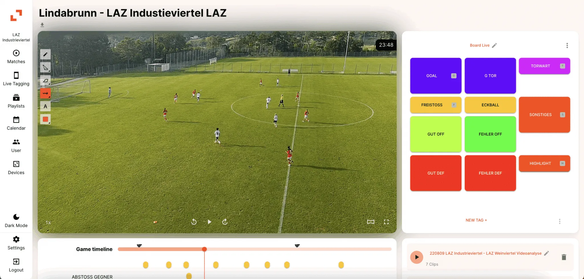 zone14 Replay mit Spielvideo, Tagging-Board und Timeline