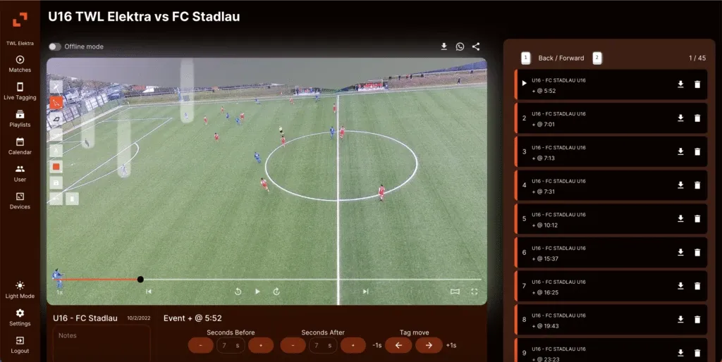 An example of the zone14 REPLAY platform, showing the recording of a youth match and the analysis