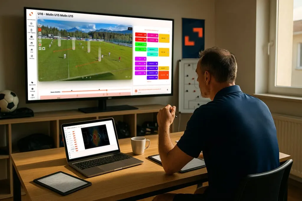 Trener analizira utakmicu u zone14 REPLAY na velikom zaslonu, laptopu i tabletu