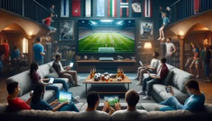Football fans watching a match at home on TV
