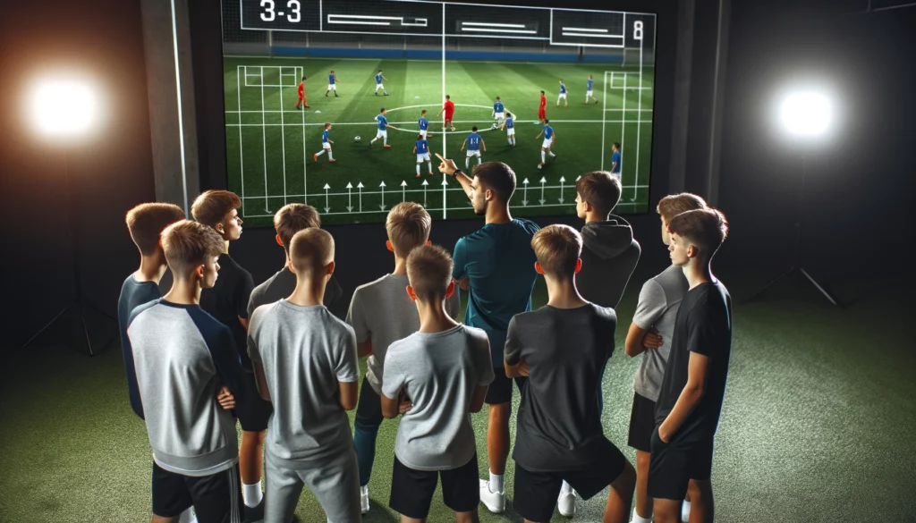 A group of youth football players and a coach watching game footage on a large screen. The coach is pointing at the screen explaining tactics.