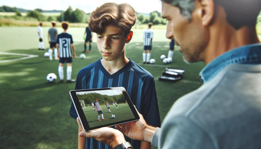A youth soccer player watching game footage on a tablet looking focused and reflective. The background shows a soccer field and other players practice