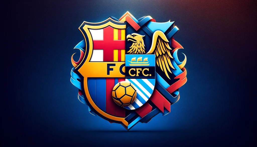 Eine Kombination aus den Logos des FC Barcelona und Manchester City