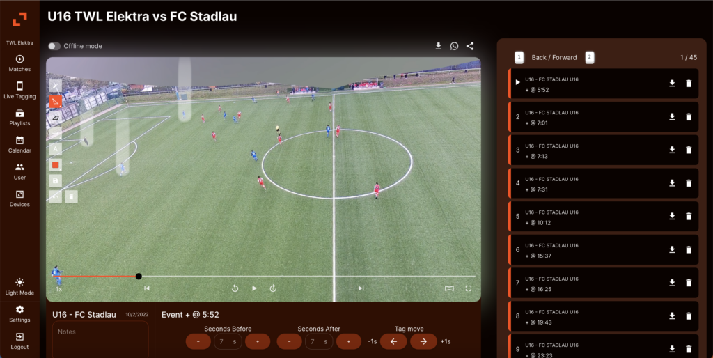 An example of the zone14 REPLAY platform, showing the recording of a youth match and the analysis