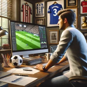 Ein Fußballanalyst analysiert ein Spiel auf einem Computer