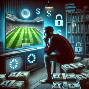 Konzeptuelles Bild, das die Schwierigkeiten und hohen Kosten im Zusammenhang mit dem Streaming von Fußballspielen darstellt. Es zeigt die Frustration und die finanzielle Belastung, die viele Fans erleben.