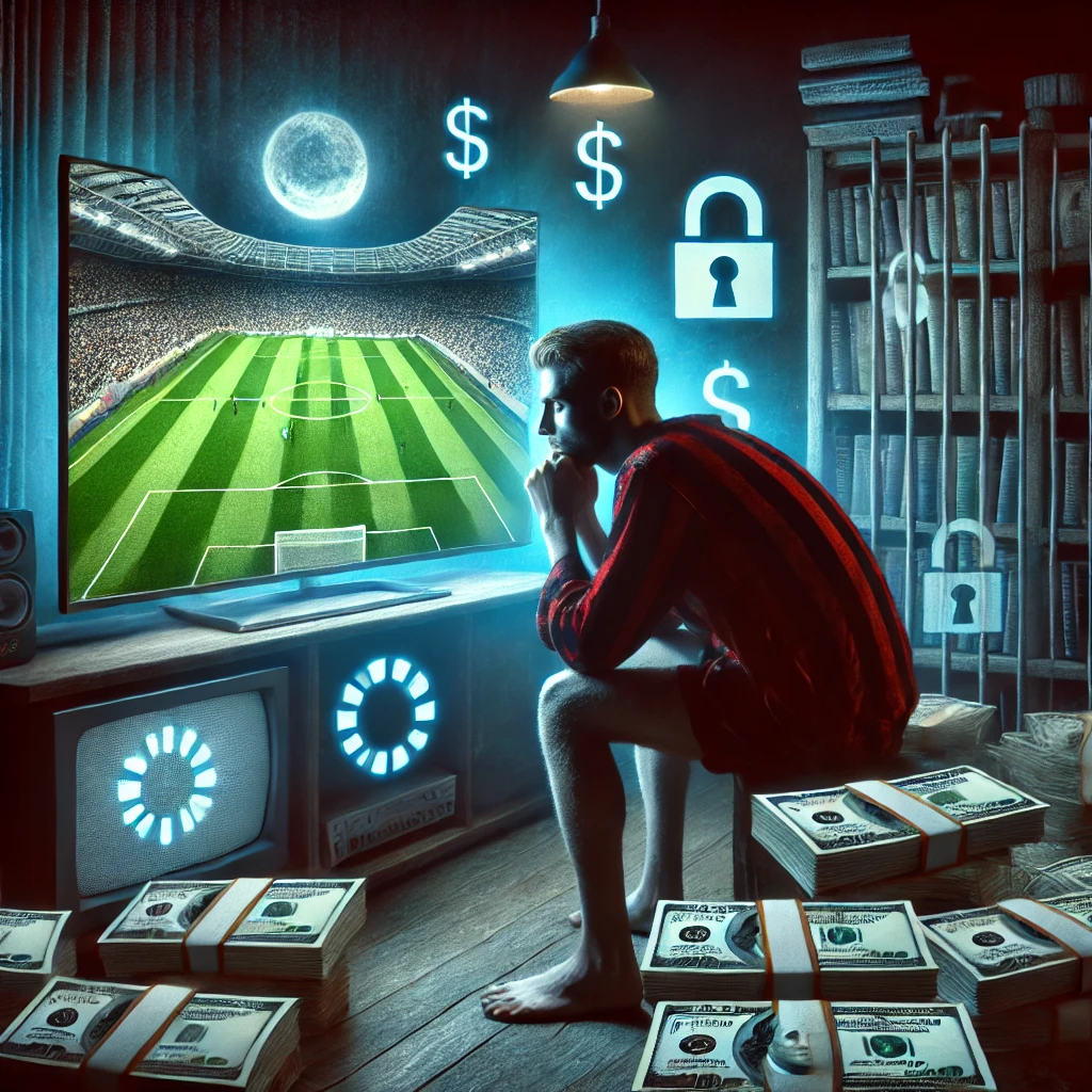 Konzeptuelles Bild, das die Schwierigkeiten und hohen Kosten im Zusammenhang mit dem Streaming von Fußballspielen darstellt. Es zeigt die Frustration und die finanzielle Belastung, die viele Fans erleben.