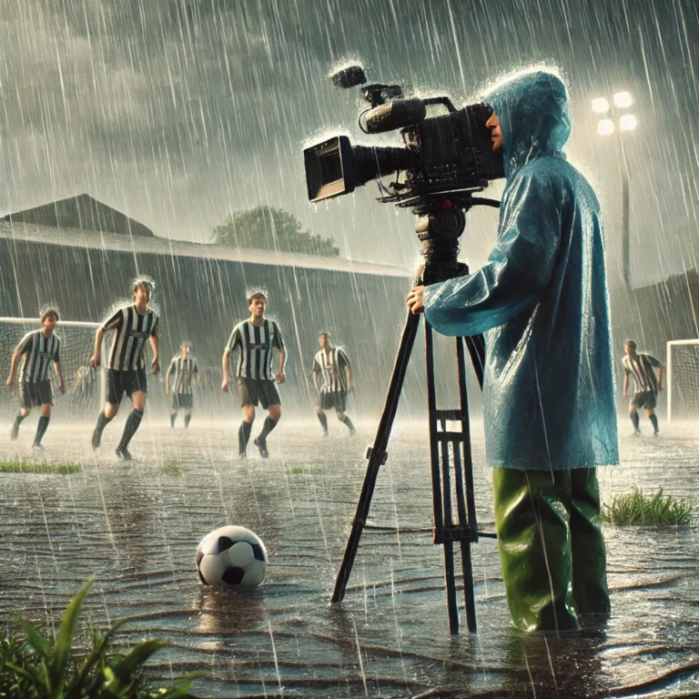 Bild, das die Herausforderungen des Live-Streamings im Amateurfußball darstellt, mit einem engagierten Kameramann, der dem Regen trotzt, um das Spiel aufzunehmen. Es verdeutlicht die Leidenschaft und den Aufwand, der mit diesen Bemühungen an der Basis verbunden ist.