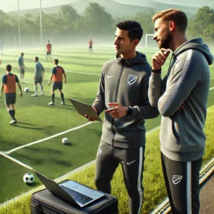 The image shows two football coaches on a pitch, naturally engrossed in a discussion while looking at a laptop. The scene captures a professional and dynamic atmosphere centred on teamwork and collaboration.