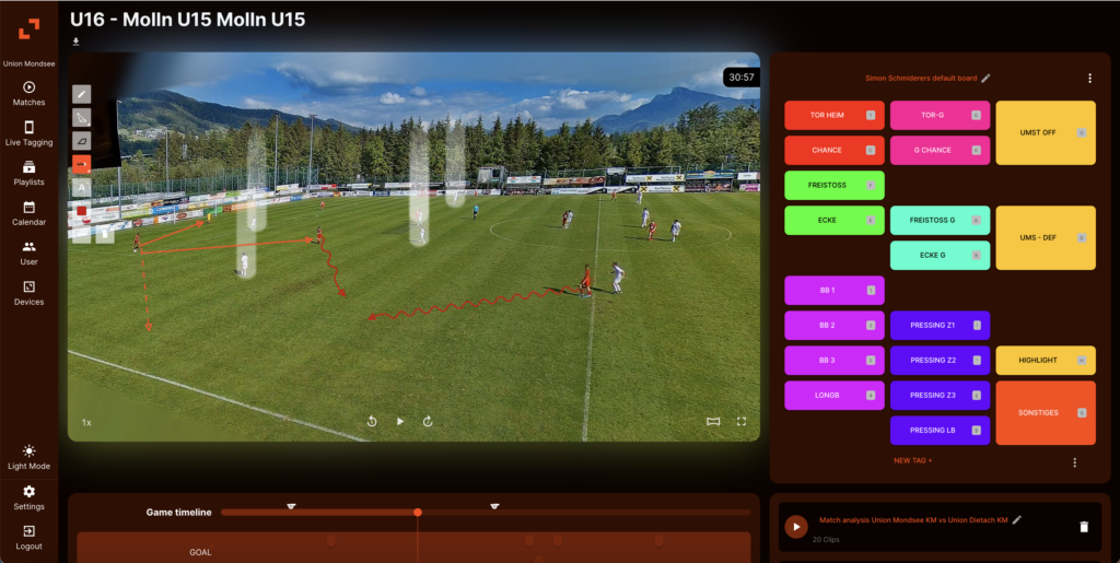 An example of the drawing tool on the zone14 REPLAY football video analysis platform.