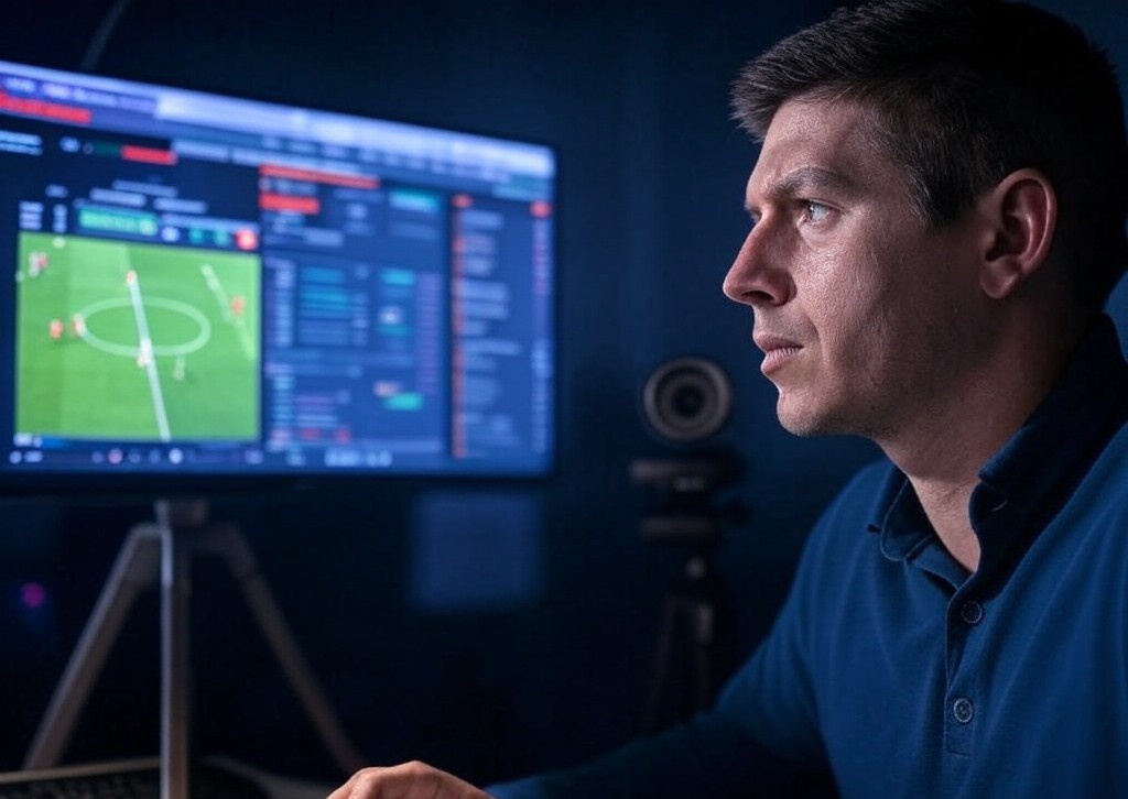 A football video analyst looking at a match recording and statistics on a computer screen.