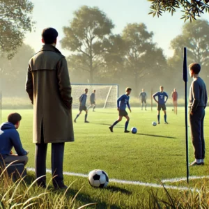 Ein Bild von zwei Fußball-Scouts, die eine Trainingseinheit auf einem Fußballplatz beobachten. Die Szene spielt an einem hellen und klaren Tag auf einem natürlichen Rasenplatz.