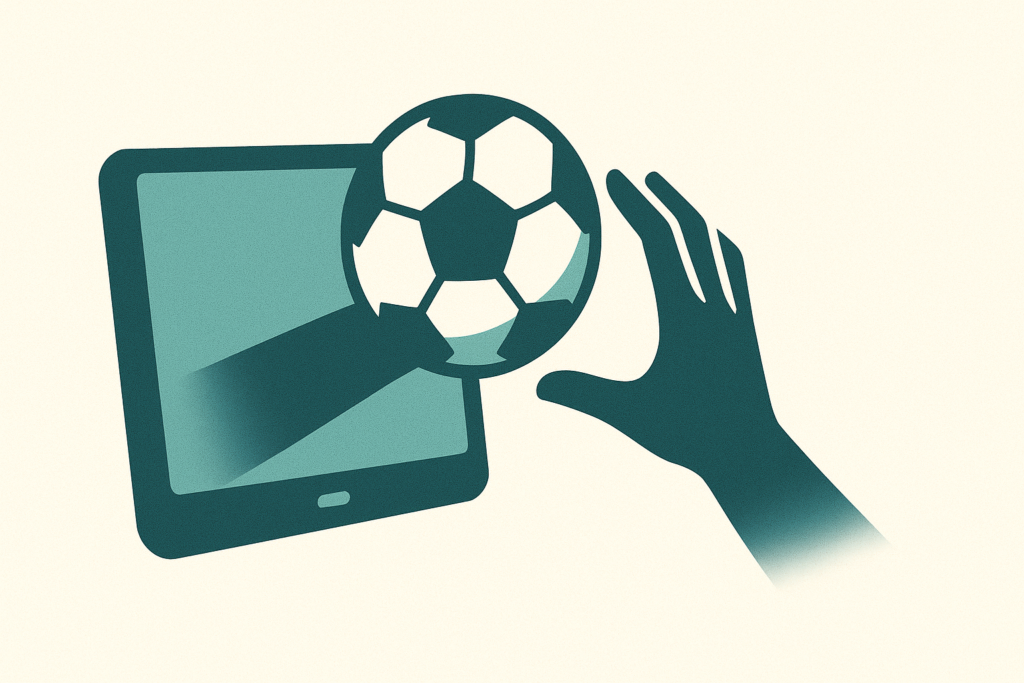 Hand die nach einem Fußball der aus dem Bildschirm kommt, greift