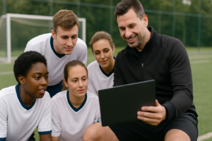 Trainer erklärt den Spielern Situationen dank Videoanalyse