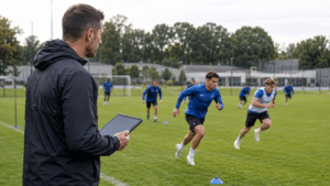 Fußballtrainer beobachtet mit Tablet eine intensive Sprintübung auf einem europäischen Trainingsplatz.