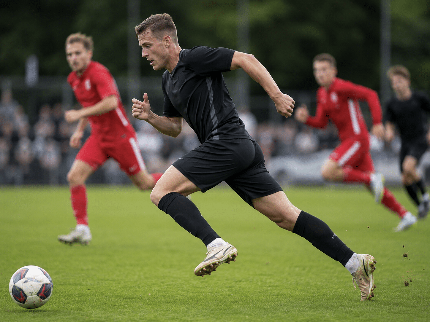 Fußballspieler sprintet mit hoher Intensität während eines Spiels über den Rasen.